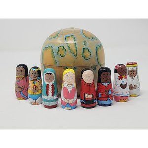 Vintage Oriental Trading Wooden Globe With 8 Multicultural Small Wooden Children